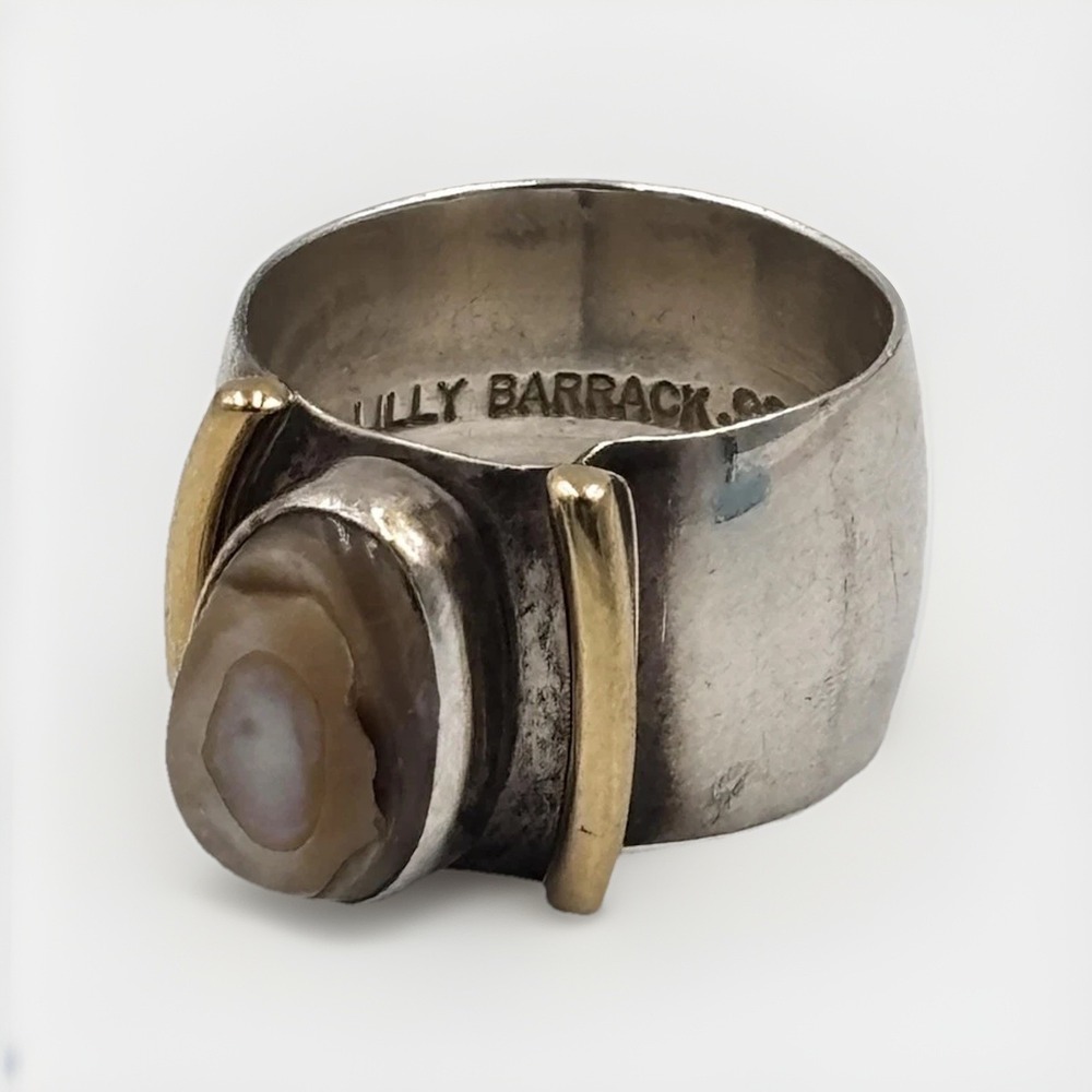 Lilly Barrack 925 Sterling Silver Brown Stone Band Ring 14K Accents Size 7.5